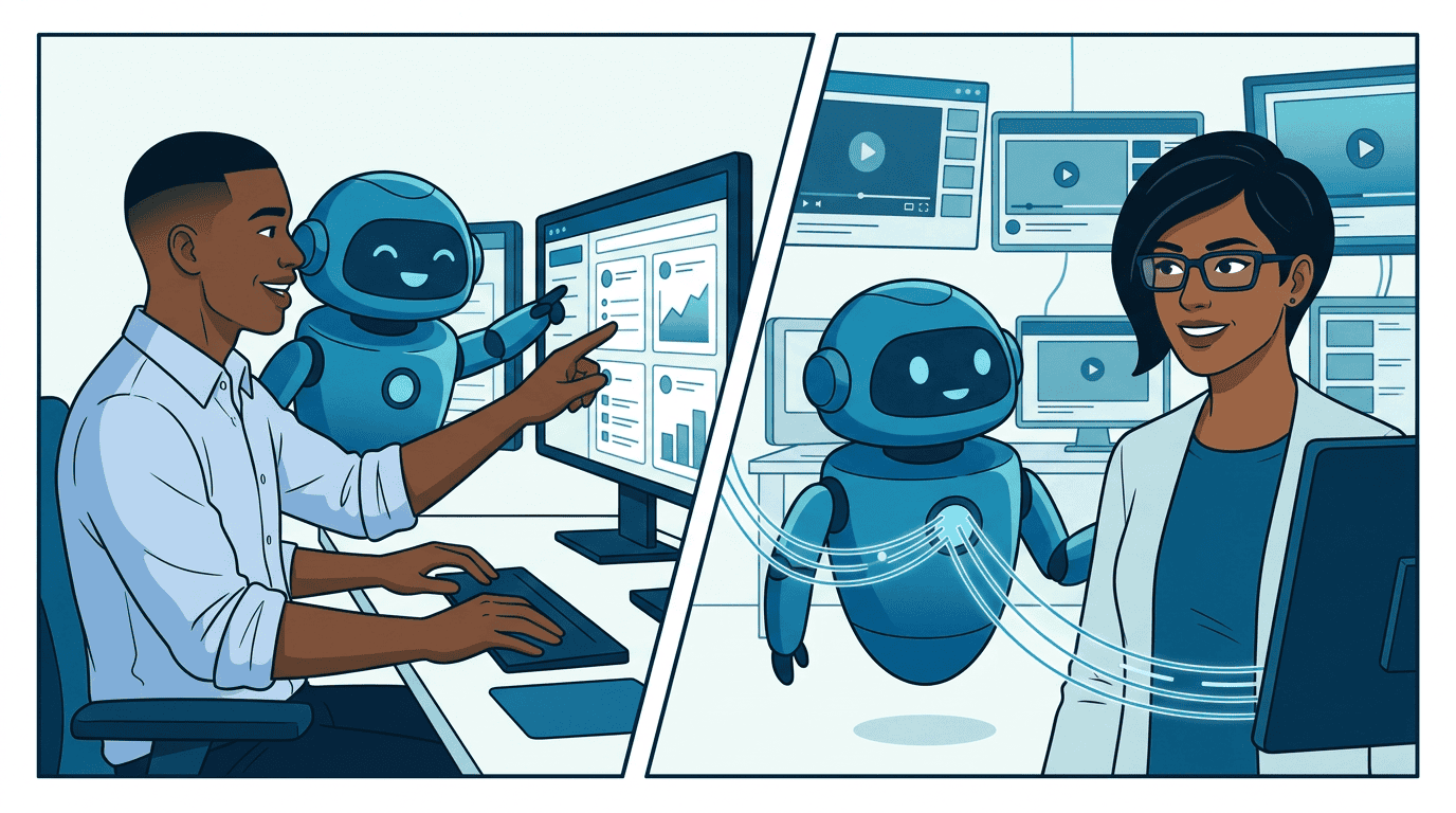 Sam the media buyer and Priya the publisher, each working with AI agents that connect them across platforms