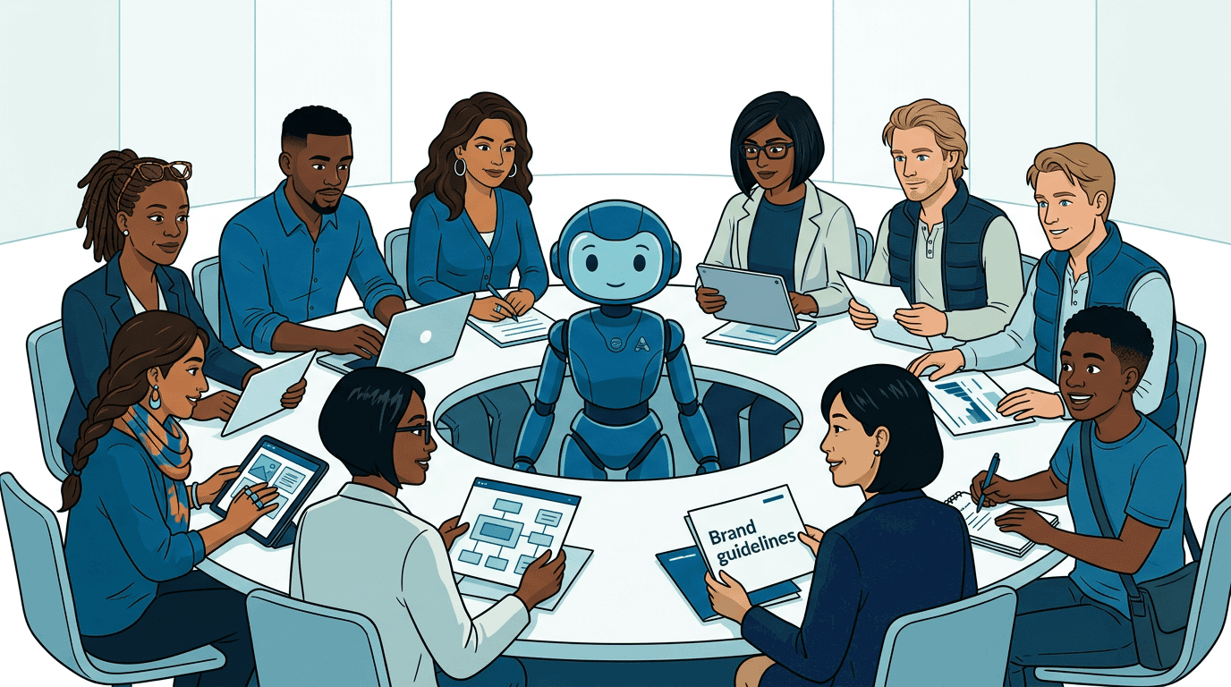 The AgenticAdvertising.org community: Alex, Sam, Jordan, Maya, Priya, Kai, Tomoko, Dayo, and Addie working together