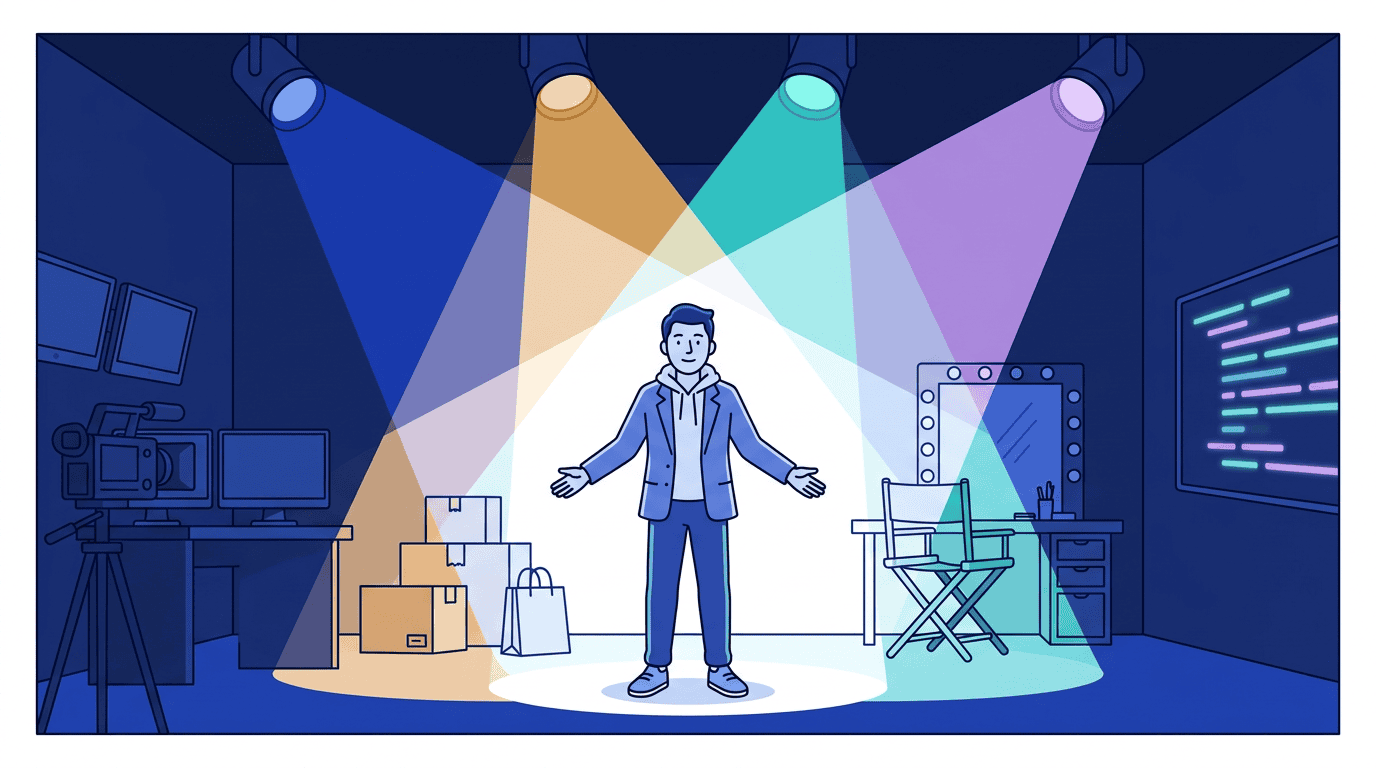 A creator stands at the center of four overlapping colored spotlights — publisher, advertiser, talent, data company — all converging into one person